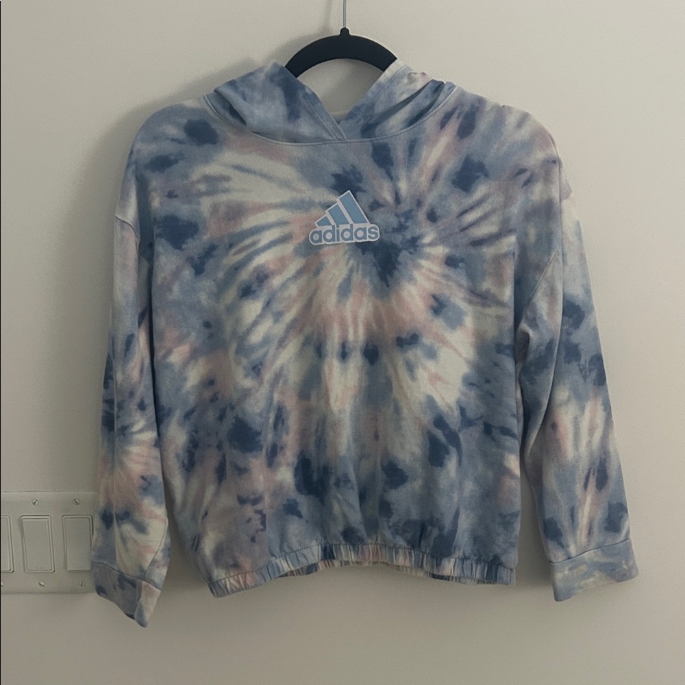 Adidas Girls XL 16 Tie Dye Pullover Hoodie Sweatshirt Blue Pink White